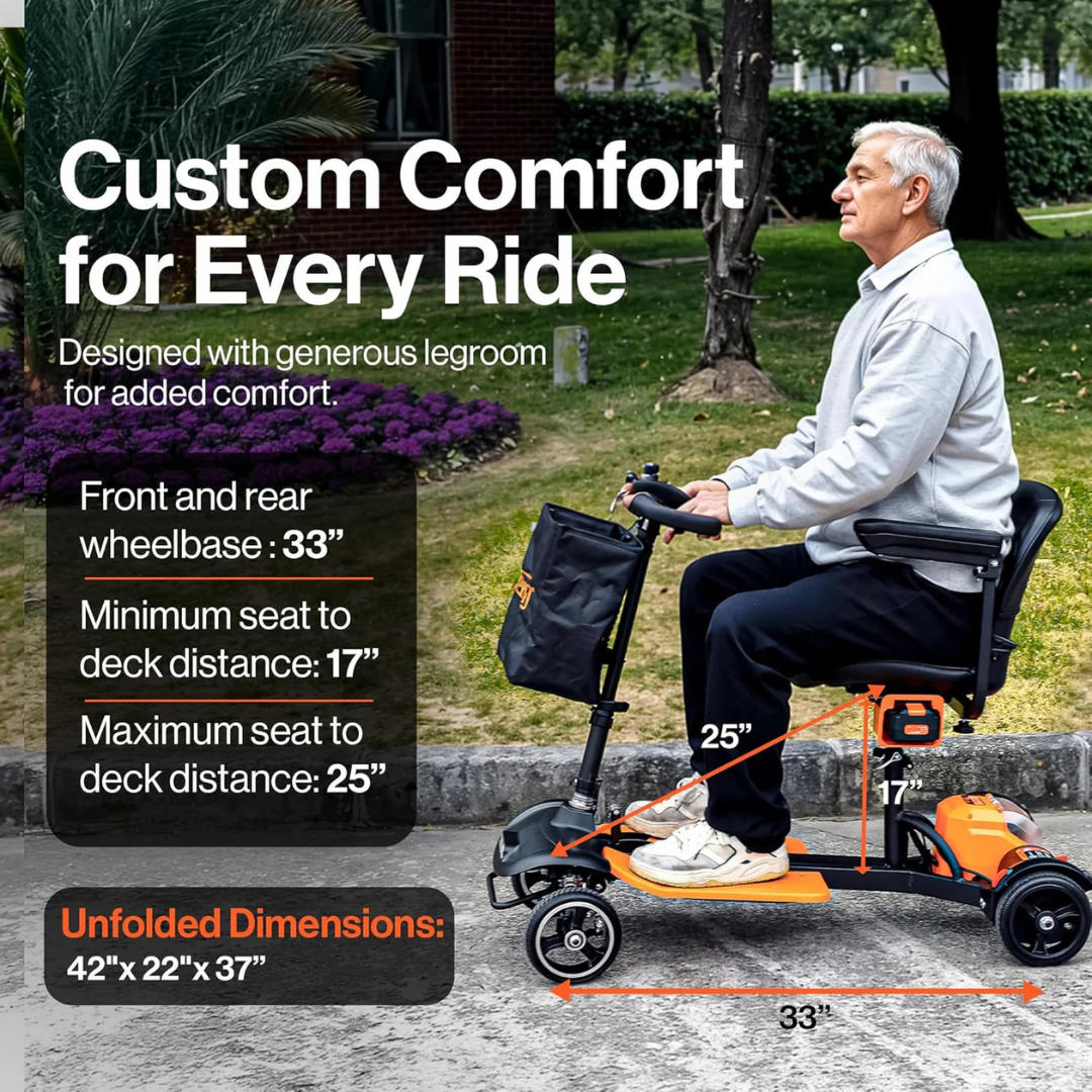 An older man sits on a SuperHandy Passport Prime Folding Mobility Scooter in the park. Text highlights Custom Comfort for Every Ride, with a brushless motor, 33-inch wheelbase, adjustable seat-to-deck height of 17-25 inches, and dimensions of 42x22x37 inches when unfolded.