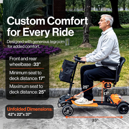 An older man sits on a SuperHandy Passport Prime Folding Mobility Scooter in the park. Text highlights Custom Comfort for Every Ride, with a brushless motor, 33-inch wheelbase, adjustable seat-to-deck height of 17-25 inches, and dimensions of 42x22x37 inches when unfolded.