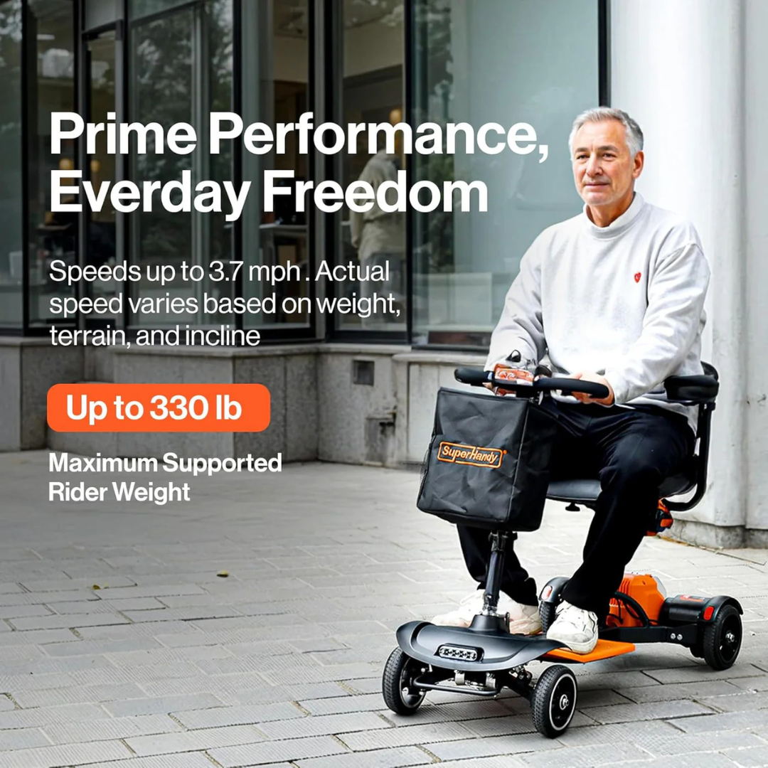 A man sits on an orange SuperHandy Passport Prime Folding Mobility Scooter outdoors. Text reads, Prime Performance, Everyday Freedom, highlighting a brushless motor for smooth rides at 3.7 mph, supporting up to 330 lb. It includes electromagnetic braking and a front basket labeled SuperHandy.