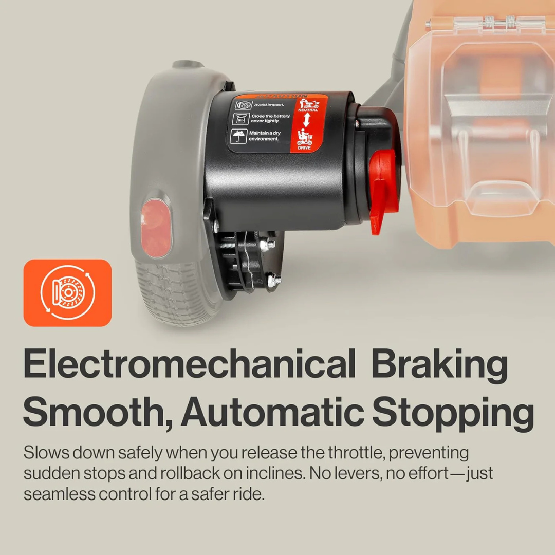 Close-up of the SuperHandy Passport Prime Folding Mobility Scooters electromechanical braking system. Smooth, automatic stops prevent sudden halts and rollback without levers, ensuring safer rides. An icon of a brake disc is on the left. FAA Approved. Ideal for mobility scooters with wheels.