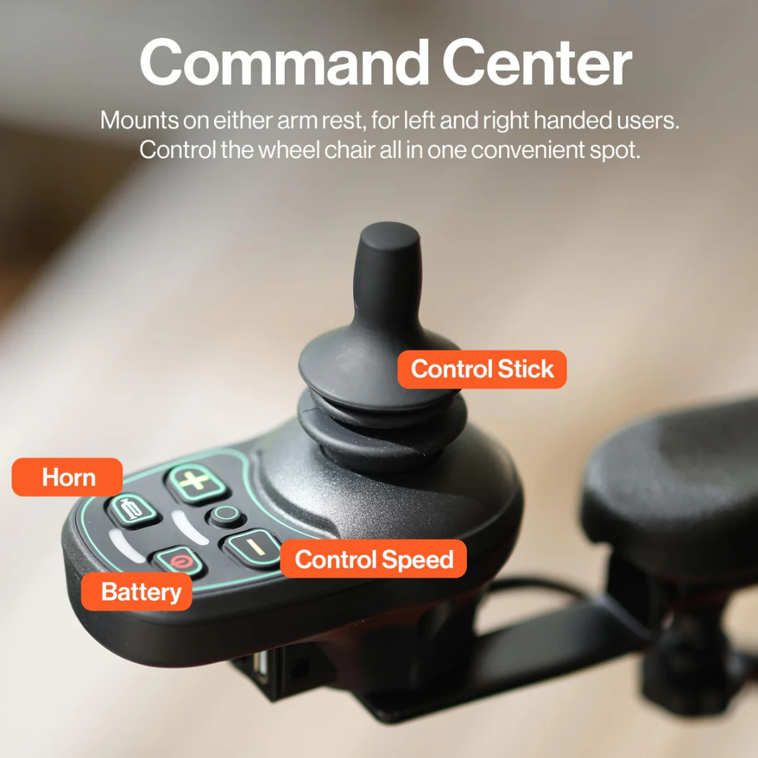 Close-up of the SuperHandy GoRide 2 Plus Portable Electric Wheelchair control panel, featuring horn button, battery indicator, joystick, and speed controls—lightweight design accessible for both left and right-handed users.