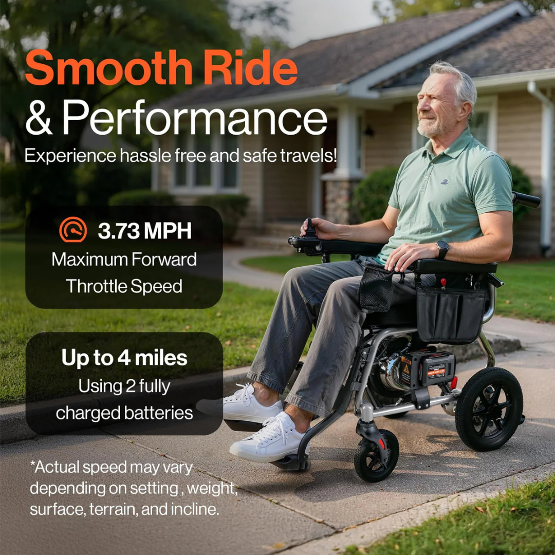 An older man rides a SuperHandy GoRide 2 Plus Portable Electric Wheelchair on a suburban sidewalk. It offers up to 3.73 MPH, a 4-mile range, and a lightweight build—speed may vary with conditions.