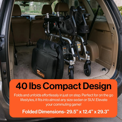 A SuperHandy GoRide 2 Plus Portable Electric Wheelchair and carry bag, both folded, fit in an SUV trunk. Text overlay notes its lightweight 40-lb build and compact folded size: 29.5" x 12.4" x 29.3".