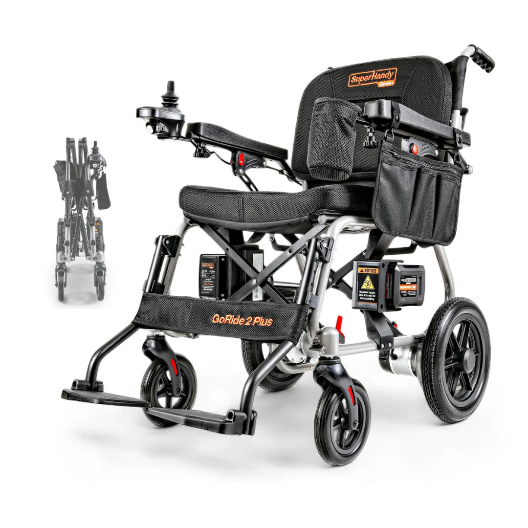 The SuperHandy GoRide 2 Plus Portable Electric Wheelchair is black, lightweight, features a joystick control, cushioned seat, side storage pouches, footrests, sturdy wheels, and folds compactly for storage.