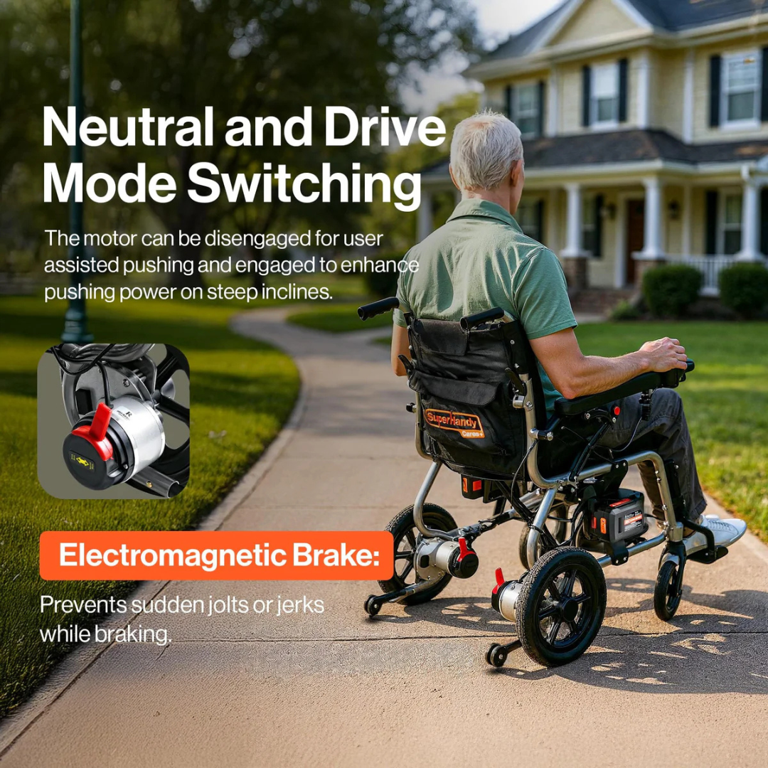 An older man rides a SuperHandy GoRide 2 Plus Portable Electric Wheelchair down a neighborhood sidewalk. Text highlights easy switching between neutral and drive modes, while an inset displays the electromagnetic brake feature.