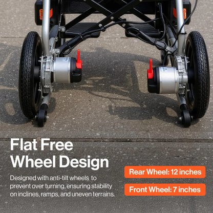 Close-up of the SuperHandy GoRide 2 Plus Portable Electric Wheelchair on pavement, showing its flat free wheels (12" rear, 7" front) and anti-tilt features for lightweight and stable use.