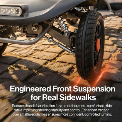 Close-up of the SuperHandy Passport Flex 4 Wheel Power Mobility Scooter’s front suspension and wheel on a cobblestone street. Text overlay highlights smoother rides and enhanced control on sidewalks with its engineered system.