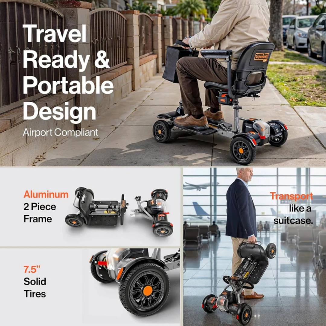 A person rides the SuperHandy Passport Flex 4 Wheel Power Mobility Scooter on a sidewalk. Insets show it folded, its solid tires, and a man rolling it like luggage. Text emphasizes portability and airport compliance.