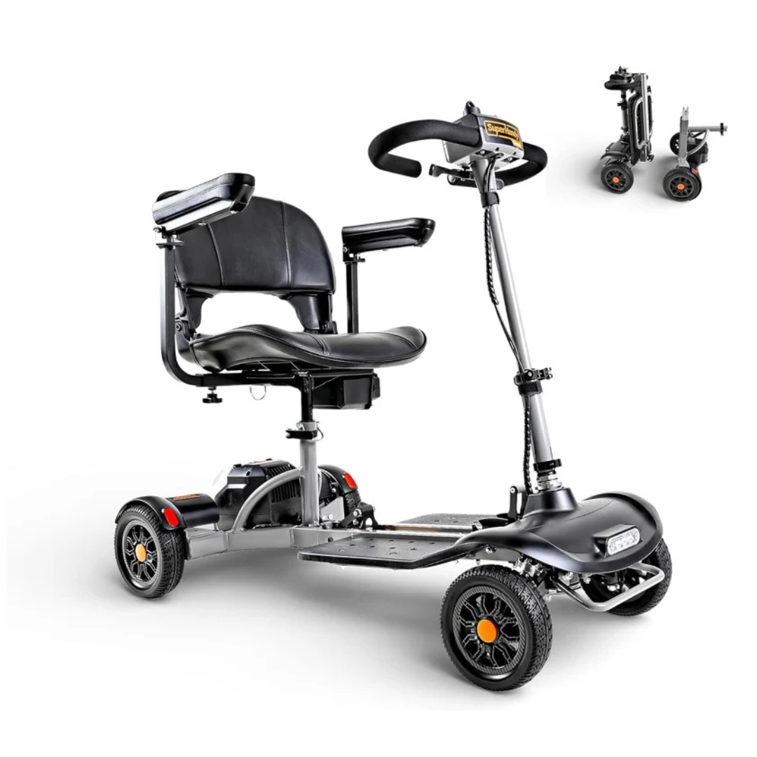 A black and silver SuperHandy Passport Flex 4 Wheel Power Mobility Scooter with padded seat and armrests; inset shows the scooter folded for easy transport or storage.