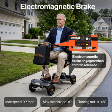 An older man rides a SuperHandy Passport Flex 4 Wheel Power Mobility Scooter on a suburban sidewalk. Infographics show features like electromagnetic brakes, 3.7 mph top speed, 9° slope capability, and a 48-inch turning radius.