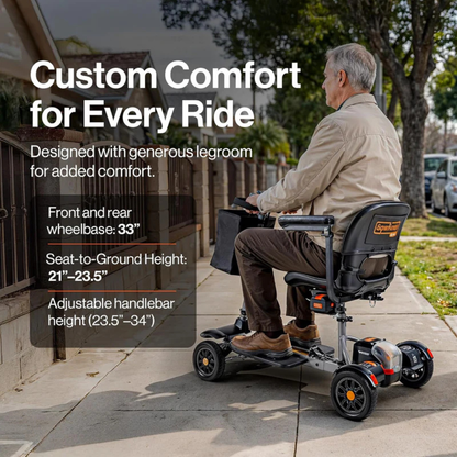 An older man rides a SuperHandy Passport Flex 4 Wheel Power Mobility Scooter on a sidewalk, enjoying comfort, generous legroom, a 33" wheelbase, 21–23.5" seat-to-ground height, and adjustable handlebars from 23.5–34".
