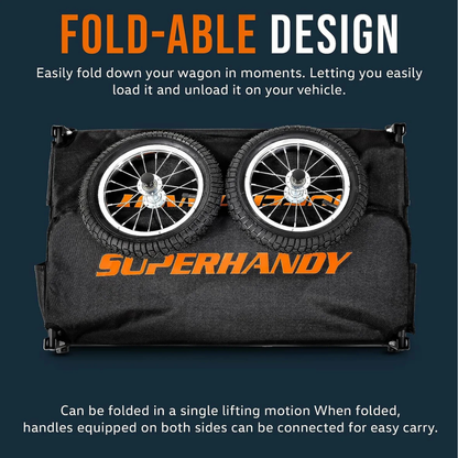 A black SuperHandy Scooter Cargo Trailer is shown folded, its wheels inside. Tool-free assembly, seamless integration, and easy carrying are featured, with handles that connect when the trailer is folded.
