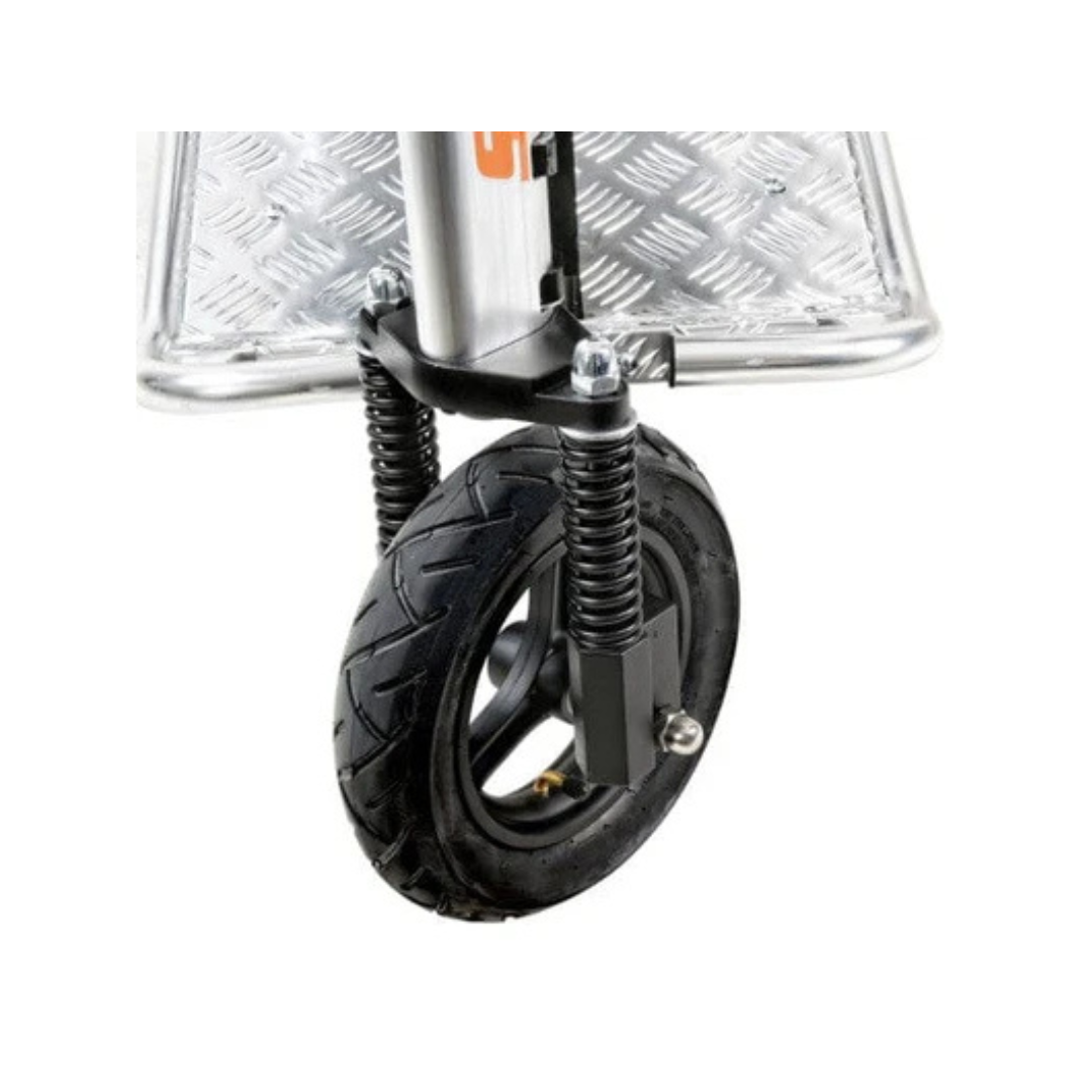 Close-up of a black rubber wheel with suspension springs on a metal frame, part of the SuperHandy Tugger Tow Tractor - Powerful Towing Scooter, with a textured metal platform above the wheel.
