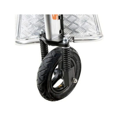 Close-up of a black rubber wheel with suspension springs on a metal frame, part of the SuperHandy Tugger Tow Tractor - Powerful Towing Scooter, with a textured metal platform above the wheel.