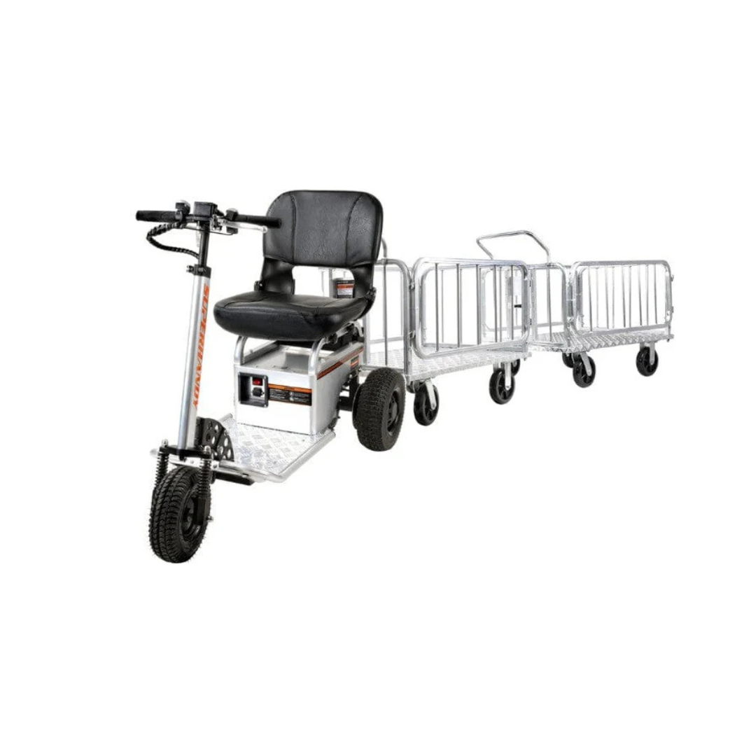 The SuperHandy Tugger Tow Tractor - Powerful Towing Scooter, a three-wheeled electric vehicle with a black seat and handlebar, is shown pulling two small metal trailers with side railings on a white background.