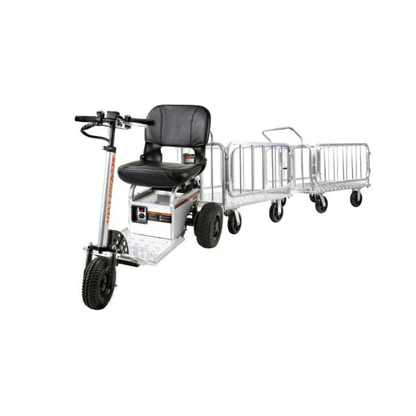 The SuperHandy Tugger Tow Tractor - Powerful Towing Scooter, a three-wheeled electric vehicle with a black seat and handlebar, is shown pulling two small metal trailers with side railings on a white background.