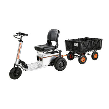 A three-wheeled SuperHandy Tugger Tow Tractor - Powerful Towing Scooter with a seat is attached to a black utility trailer with orange rims and mesh sides, designed for carrying cargo.