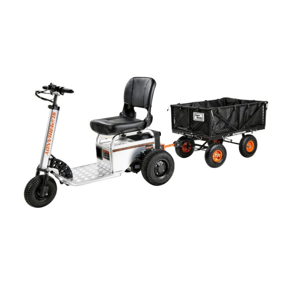 A three-wheeled SuperHandy Tugger Tow Tractor - Powerful Towing Scooter with a seat is attached to a black utility trailer with orange rims and mesh sides, designed for carrying cargo.