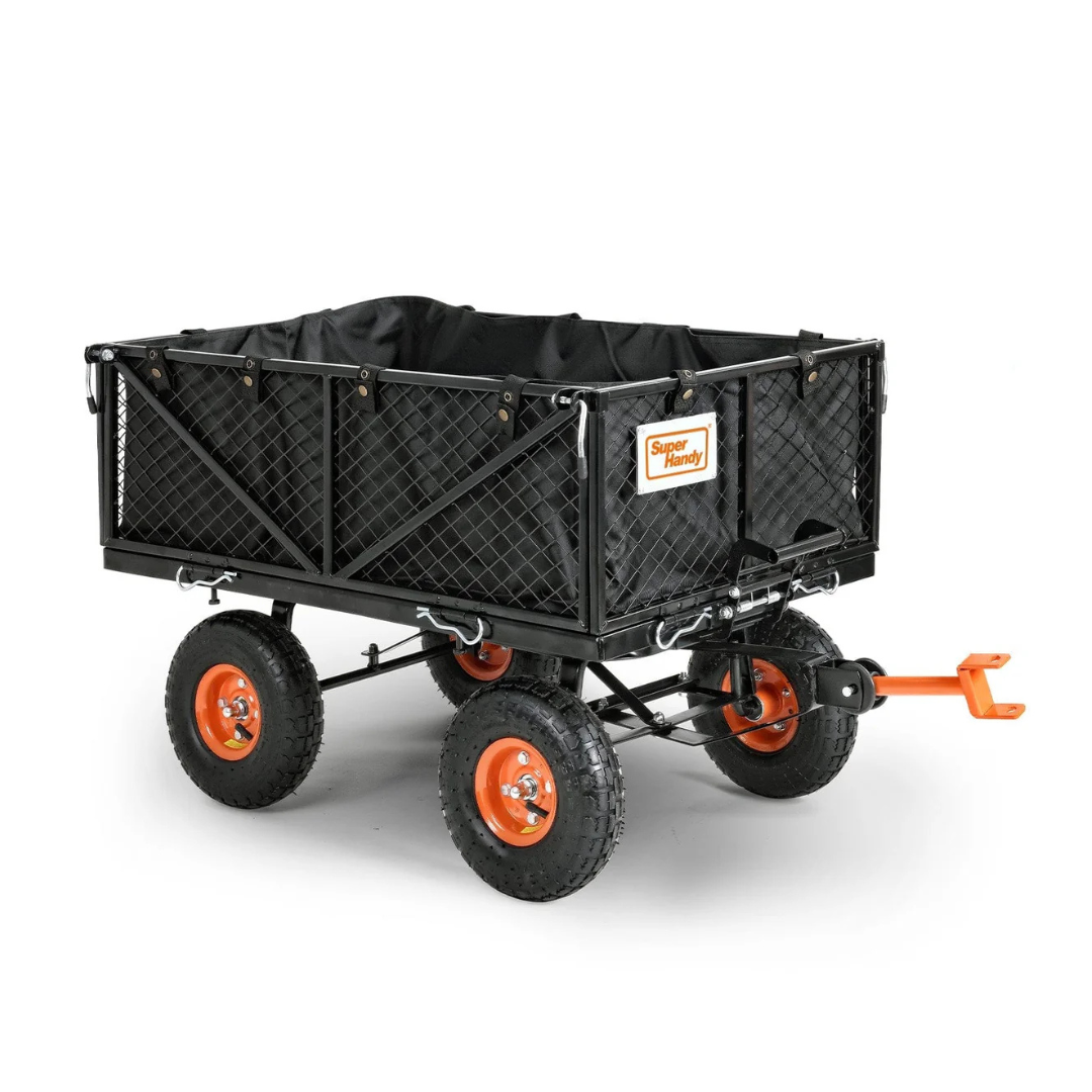 The SuperHandy Towable Garden Cart - Quick Dump System features a black mesh metal frame, orange wheels, tow handle, and black fabric liner. High-capacity design with Super Handy branding on the side.