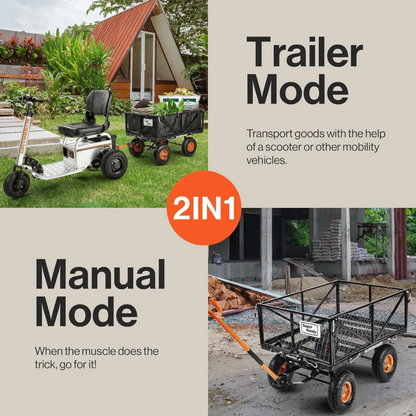 The SuperHandy Towable Garden Cart - Quick Dump System is shown in Trailer Mode attached to a mobility scooter and in Manual Mode as a pull cart at a construction site.