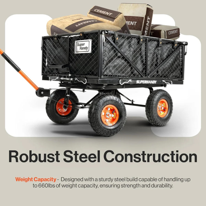 The SuperHandy Towable Garden Cart - Quick Dump System features sturdy steel construction and large rugged wheels, hauling cement bags with ease. Text highlights its high-capacity 660-lb weight limit and impressive durability.