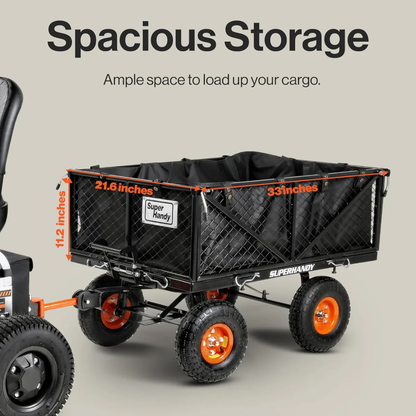 A SuperHandy Towable Garden Cart - Quick Dump System with mesh sides is hitched to a vehicle. Text highlights its spacious, high-capacity storage: 33" L x 21.6" W x 11.2" H.