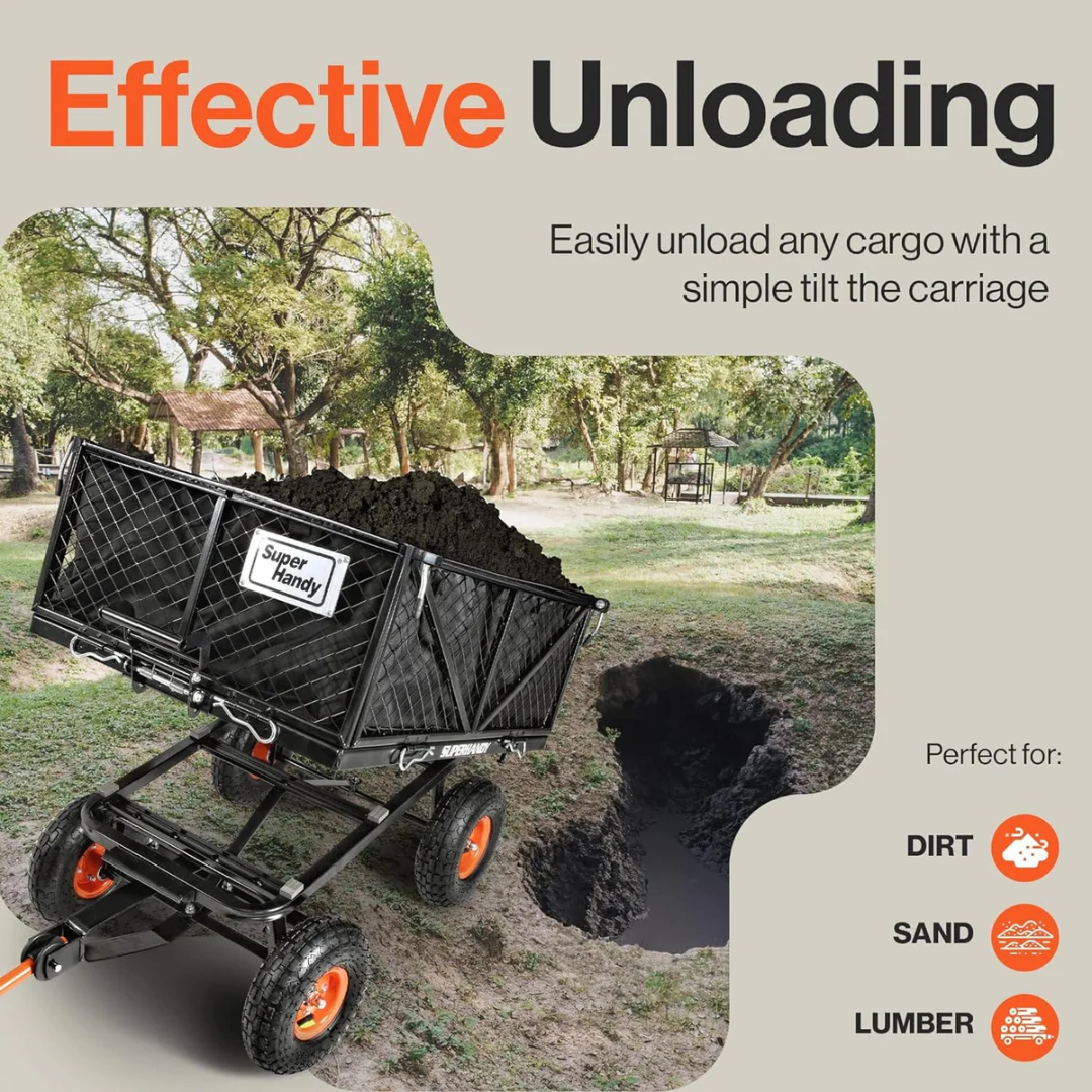 The SuperHandy Towable Garden Cart with Quick Dump System, shown in black with red wheels, tilts to unload soil into a large grassy hole, demonstrating high-capacity dumping of dirt, sand, and lumber for outdoor tasks.