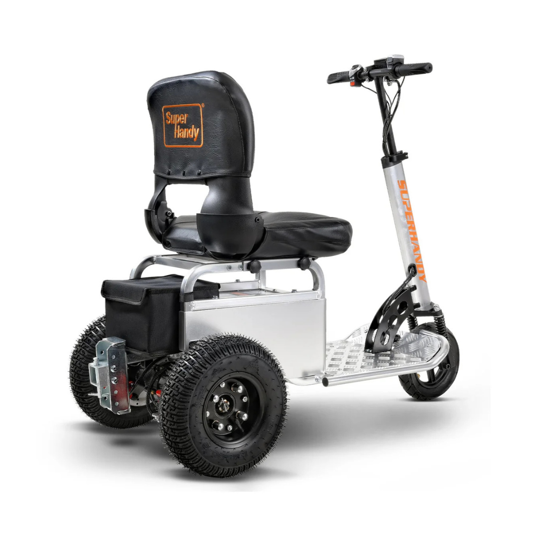 The SuperHandy Tugger Tow Tractor is a three-wheeled electric scooter with large rugged tires, a black cushioned seat with backrest, handlebars, and a sturdy platform—ideal for towing tasks and easy transport.
