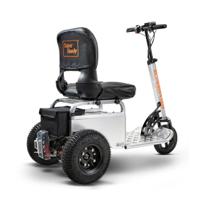 The SuperHandy Tugger Tow Tractor is a three-wheeled electric scooter with large rugged tires, a black cushioned seat with backrest, handlebars, and a sturdy platform—ideal for towing tasks and easy transport.