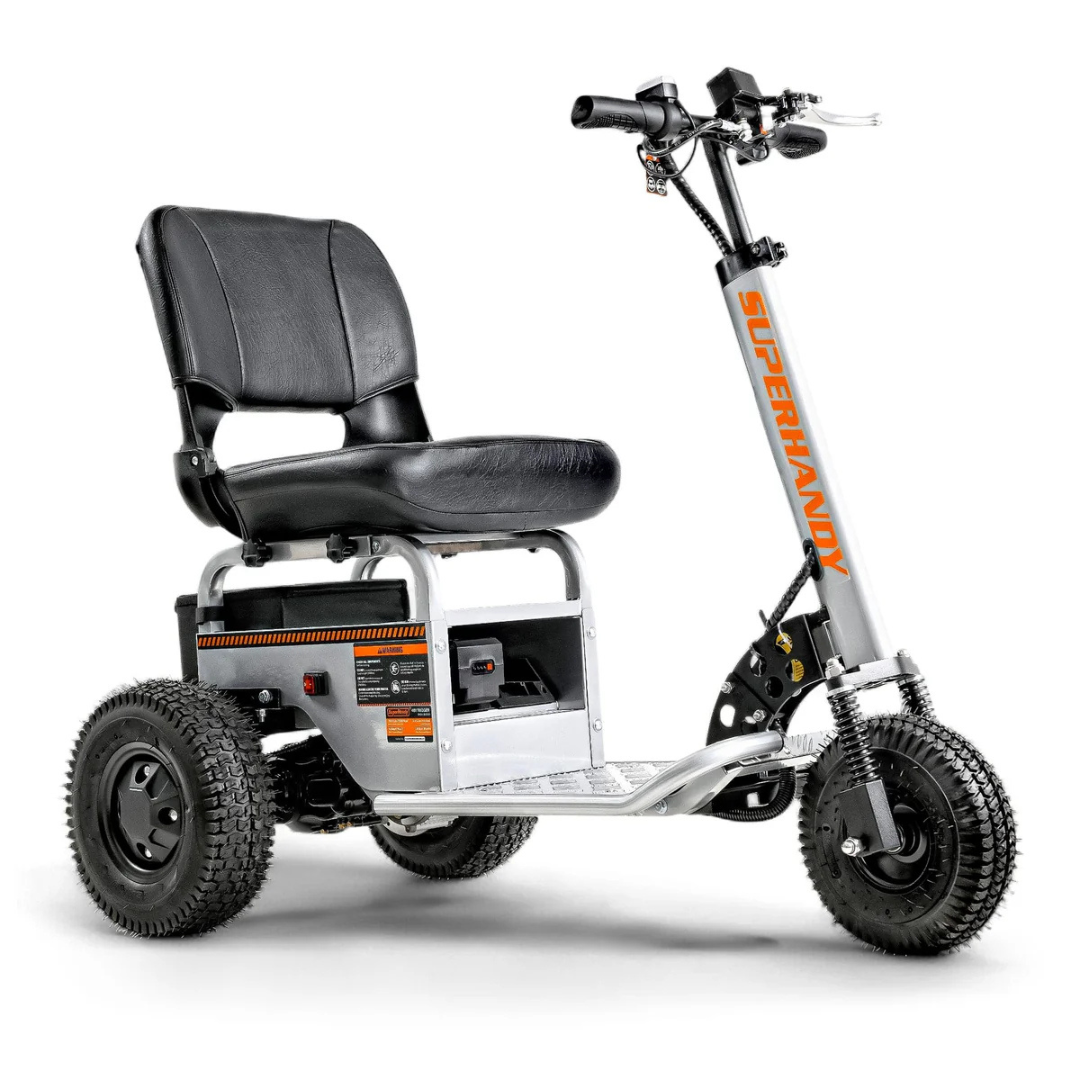 A three-wheeled SuperHandy Tugger Tow Tractor—Powerful Towing Scooter—with a black cushioned seat, sturdy tires, and SUPERHANDY in orange on the silver handlebar stem, designed for personal electric mobility.