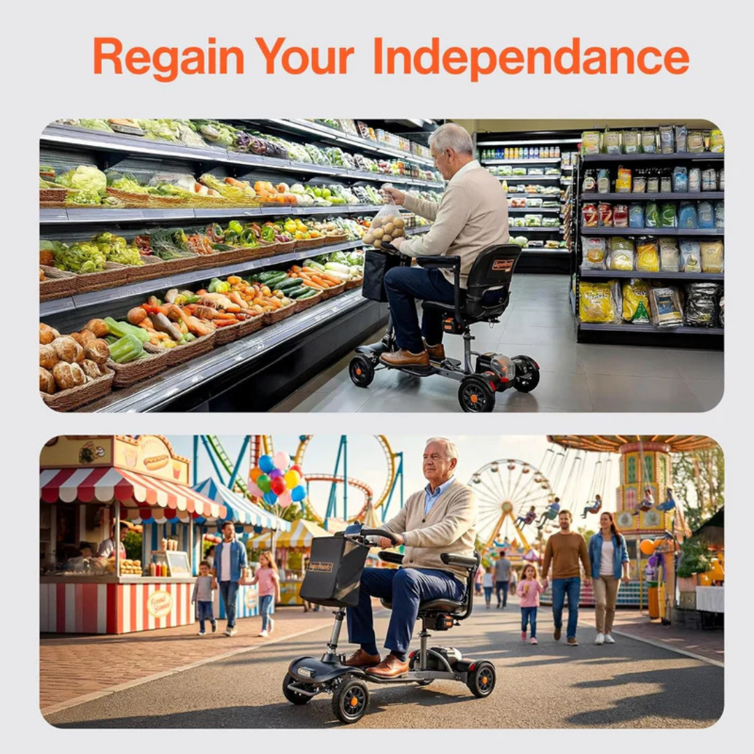 Top image: An older man uses a SuperHandy Passport Flex 4 Wheel Power Mobility Scooter to shop for fresh produce. Bottom image: He rides the scooter outdoors at an amusement park, with attractions and people visible. Text: Regain Your Independence.