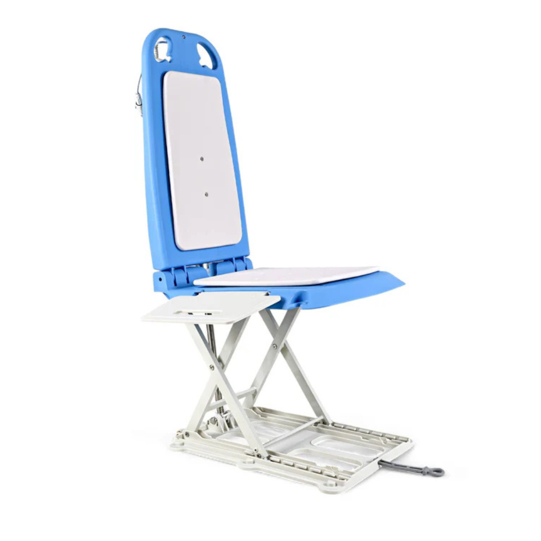 The SuperHandy GoRise LT Portable Waterproof Floor & Bath Lift features a blue and white design with an adjustable high backrest, seat, and foldable base to assist users with mobility challenges entering or exiting the bathtub.