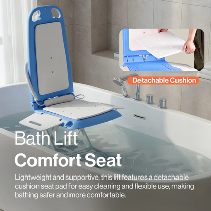 A blue and white SuperHandy GoRise LT Portable Waterproof Floor & Bath Lift with a detachable cushion is shown in a bathtub. An inset depicts hands removing the cushion. Text: Ideal mobility solution—see product details below.