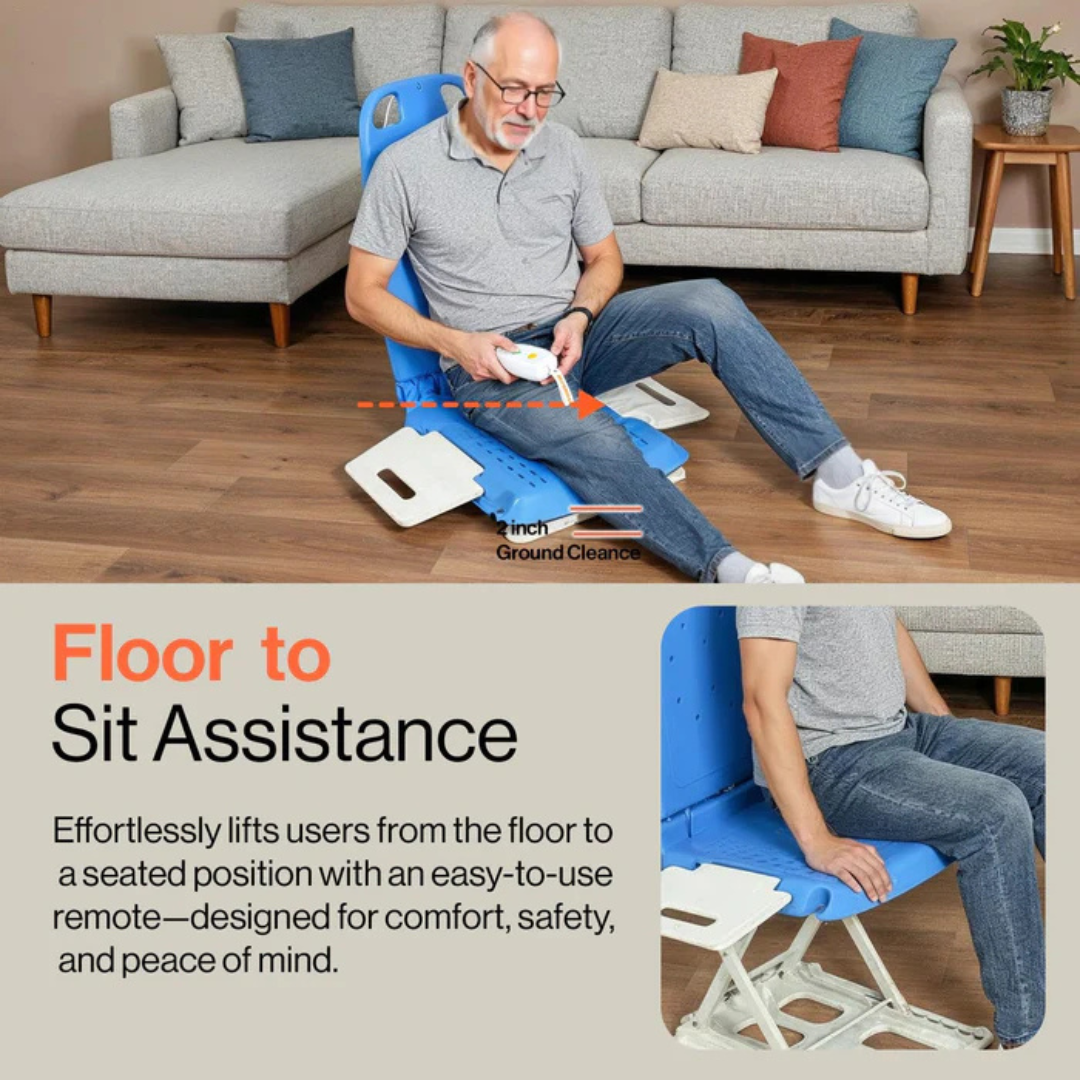 An older man uses a SuperHandy GoRise LT Portable Waterproof Floor & Bath Lift to rise from the floor with a remote, backed by a couch and cushions. Text highlights its safety, waterproof lift, and easy operation as an ideal mobility aid.