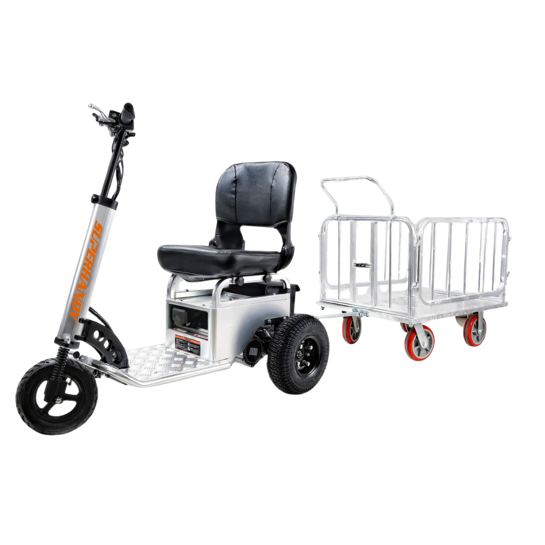 A SuperHandy Tugger Tow Tractor - Powerful Towing Scooter with a black seat and handlebars is attached to a small silver cart with four red wheels for transporting goods.