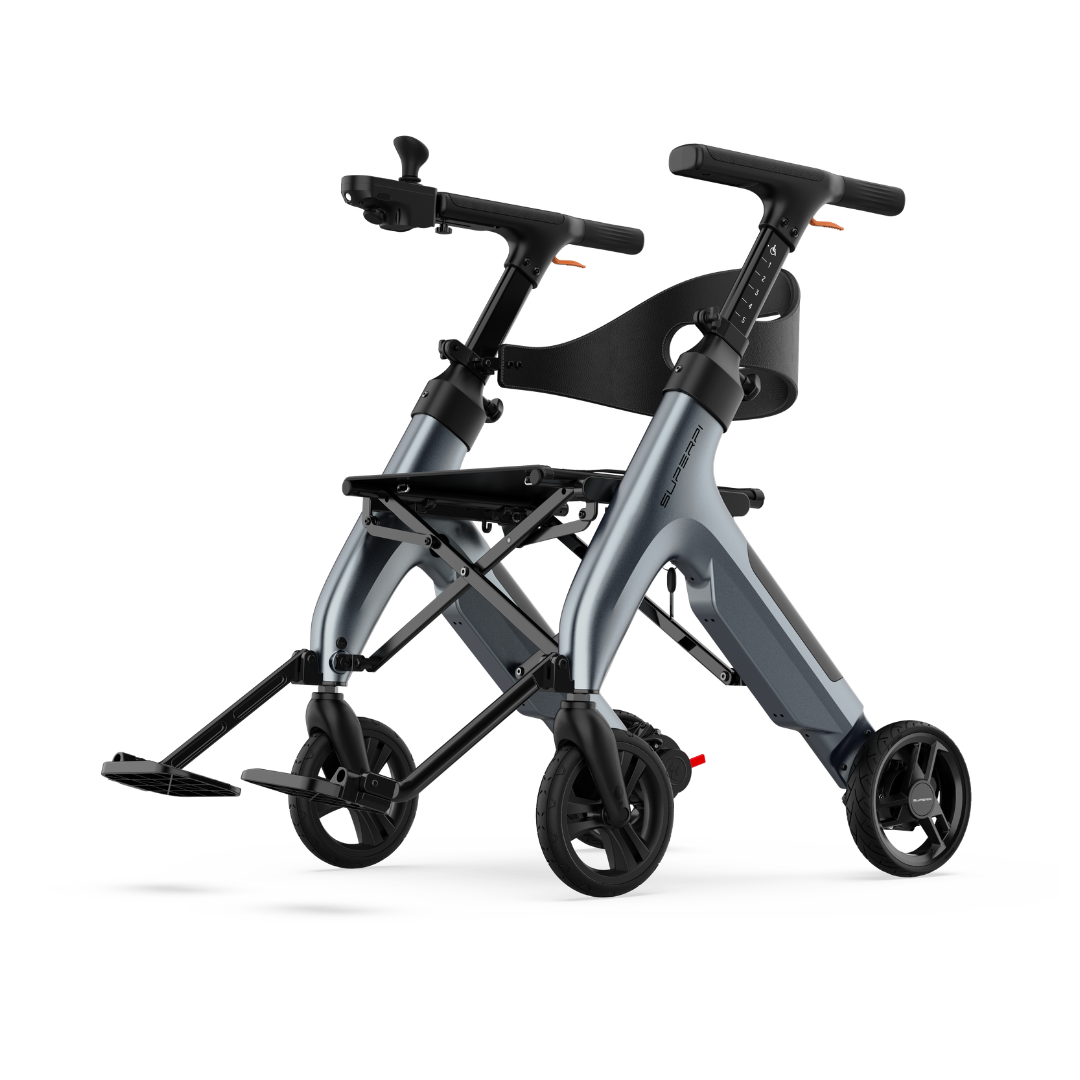 Introducing the Superpi W1 Electric Wheelchair Rollator with 4-in-1 Functionality: a contemporary and minimalist foldable mobility scooter featuring a black and metallic gray frame, wide seat backrest, and three-wheel design. Its compact form ensures exceptional portability and mobility while delivering the convenience of a rollator in a sleek, stylish package.