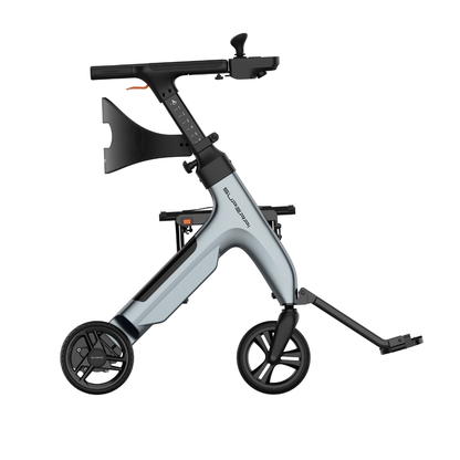 Introducing the Superpi W1 Electric Wheelchair Rollator with 4-in-1 functionality—a contemporary, foldable mobility device designed for versatility and ease of movement. It features a sleek gray frame, four robust wheels, and a compact black seat, presented in side profile against a white background.