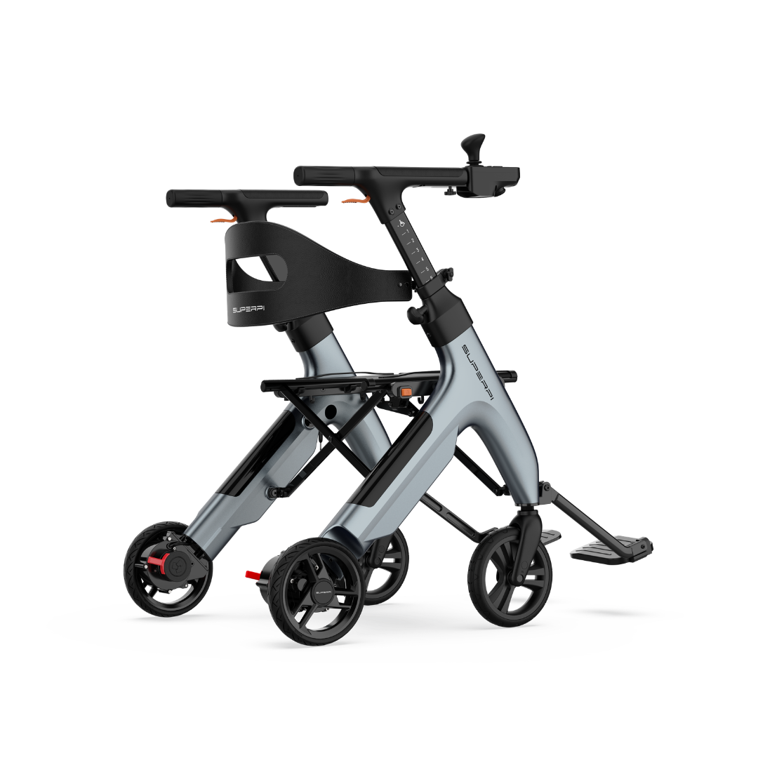 Experience enhanced mobility on the go with the Superpi W1 Electric Wheelchair Rollator—a modern, foldable mobility aid in metallic silver and black. Featuring four wheels, a compact design, adjustable handlebars, and versatile 4-in-1 functionality, it is the perfect companion for your everyday journeys.