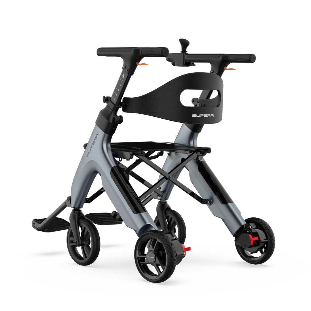 Introducing the Superpi W1 Electric Wheelchair Rollator with 4-in-1 Functionality—a sleek and lightweight mobility aid featuring a modern gray-and-black design, four wheels, ergonomic handles, and a built-in seat. Its foldable frame enhances convenience, making it ideal for both indoor and outdoor use while promoting enhanced mobility.