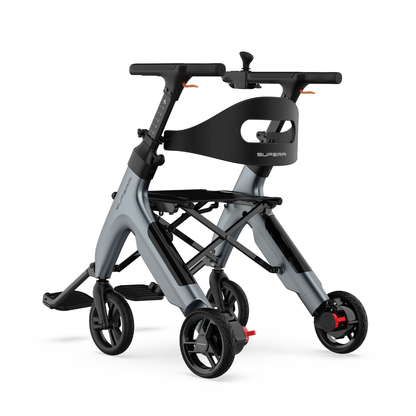 Introducing the Superpi W1 Electric Wheelchair Rollator with 4-in-1 Functionality—a sleek and lightweight mobility aid featuring a modern gray-and-black design, four wheels, ergonomic handles, and a built-in seat. Its foldable frame enhances convenience, making it ideal for both indoor and outdoor use while promoting enhanced mobility.