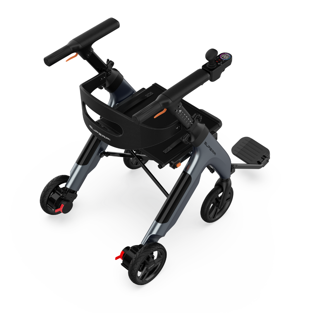 The Superpi W1 Electric Wheelchair Rollator with 4-in-1 functionality is a foldable, modern mobility walker that features four wheels, a digital display on the handle, a storage basket, and footrests. It comes in a sleek black and gray design accented with orange highlights.
