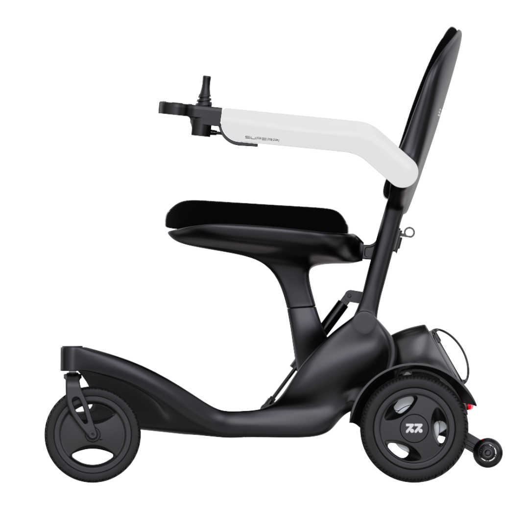 Side view of the Superpi P2 Portable Electric Wheelchair in black and white, featuring three wheels, a comfortable seat with armrests, and a handlebar—designed for easy personal transportation and accessible mobility.