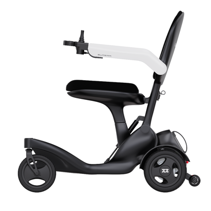 Side view of the Superpi P2 Portable Electric Wheelchair in black and white, featuring three wheels, a comfortable seat with armrests, and a handlebar—designed for easy personal transportation and accessible mobility.