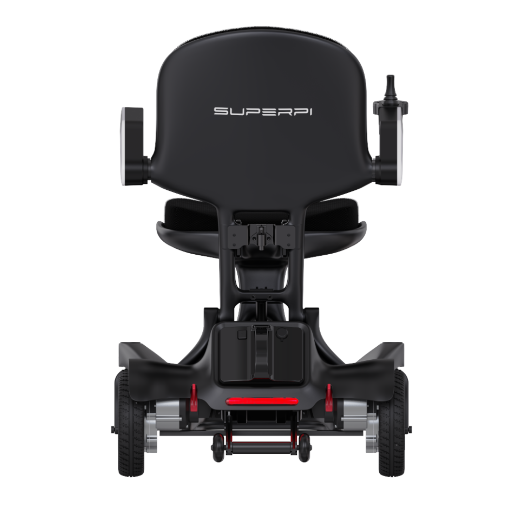 Rear view of the Superpi P2 Portable Electric Wheelchair in black, featuring "SUPERPI" on the backrest. Includes wheels, armrests, and a right-side joystick—ideal for users seeking comfort and independence.