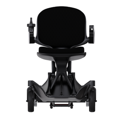 Front view of the Superpi P2 Portable Electric Wheelchair in modern black, featuring a rounded seat, left-arm joystick control, and four small wheels—ideal for users seeking comfort and mobility with innovative design.