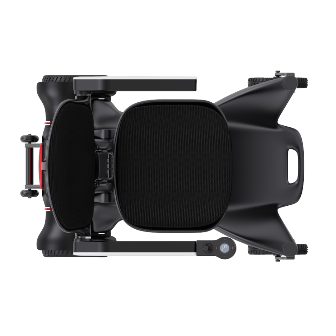 Top-down view of the Superpi P2 Portable Electric Wheelchair—sleek and black with a cushioned seat, rear wheels, front casters, and a right-armrest joystick for easy control, offering smooth mobility and user comfort.