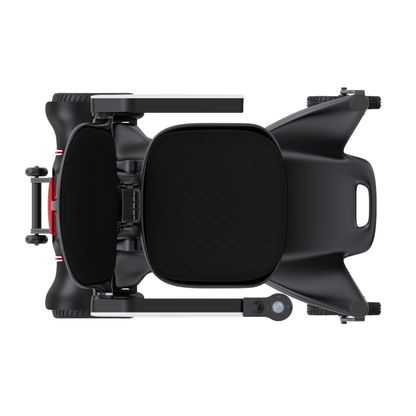 Top-down view of the Superpi P2 Portable Electric Wheelchair—sleek and black with a cushioned seat, rear wheels, front casters, and a right-armrest joystick for easy control, offering smooth mobility and user comfort.