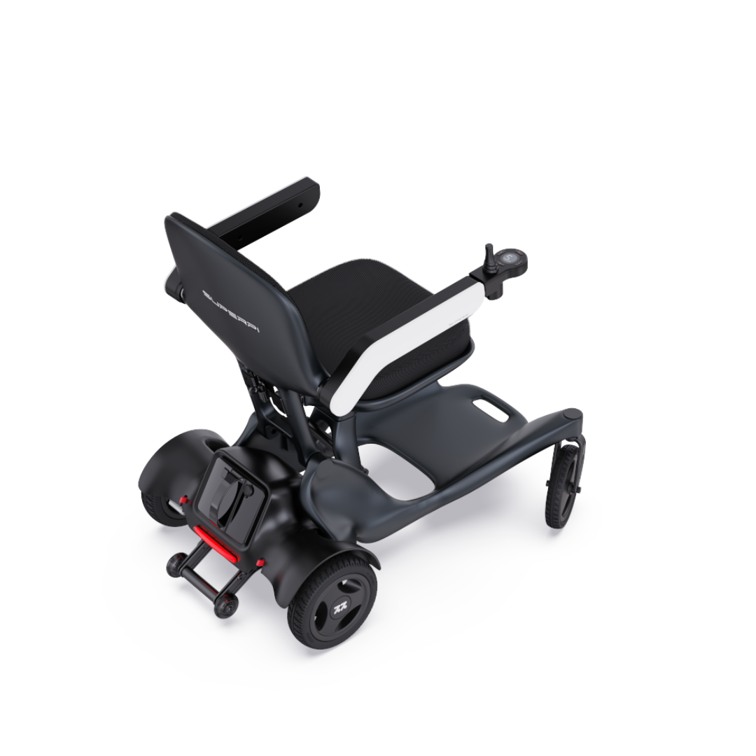 The Superpi P2 Portable Electric Wheelchair, featuring compact design, black seating, armrest joystick control, and two large rear wheels, is displayed from the rear against a white background for easy and convenient mobility.