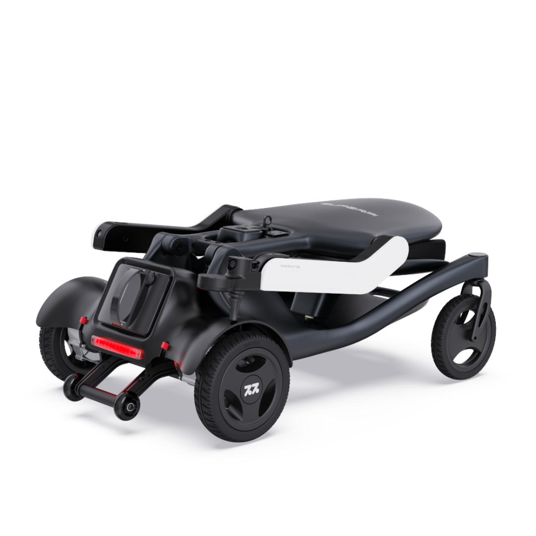 The Superpi P2 Portable Electric Wheelchair is a compact black three-wheeled folding model with modern design, shown partially folded on a white background. Ideal for convenience and style seekers. Note: Color options are limited.
