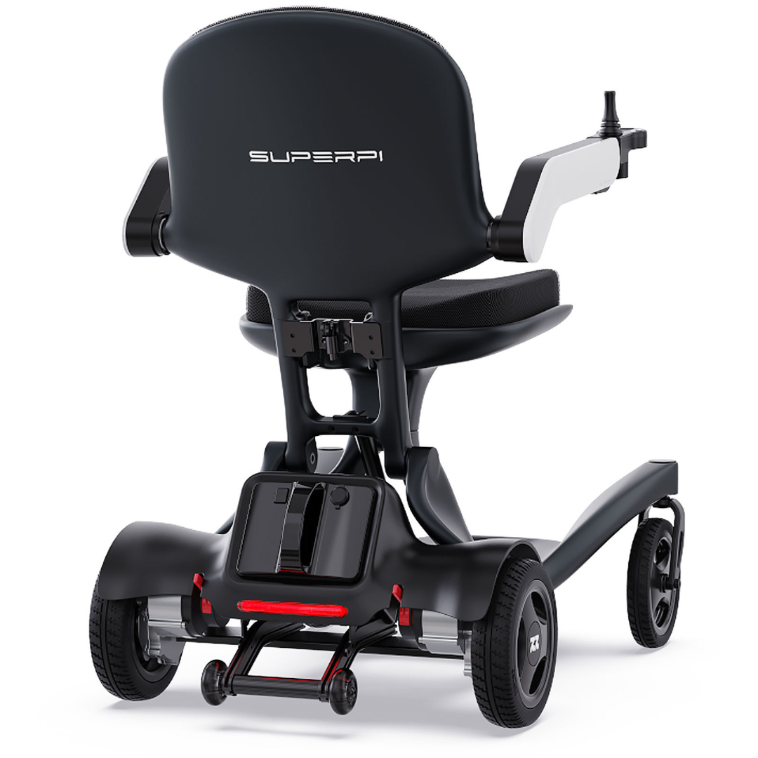 A black Superpi P2 Portable Electric Wheelchair featuring a padded seat, armrests, four wheels, and a compact modern design is shown from the rear.
